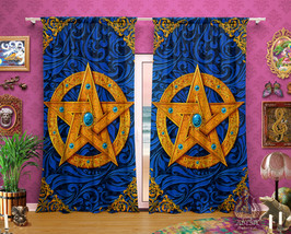 Gold Wicca Pentacle Curtains, Blue, Pagan Home Decor, Window Drapes, Sheer and B - £131.09 GBP