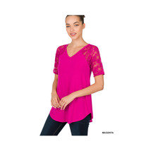 Zenana Outfitters  Lace Top T-Shirt   Womens V-Neck Short Sleeve Round Hem Color - £16.90 GBP