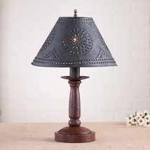 Bedside Table Lamp With Punched Tin Shade - Distressed Colonial Red Finish Usa - £165.82 GBP