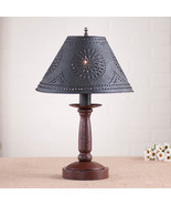 BEDSIDE TABLE LAMP with Punched Tin Shade - Distressed COLONIAL RED Fini... - £162.79 GBP