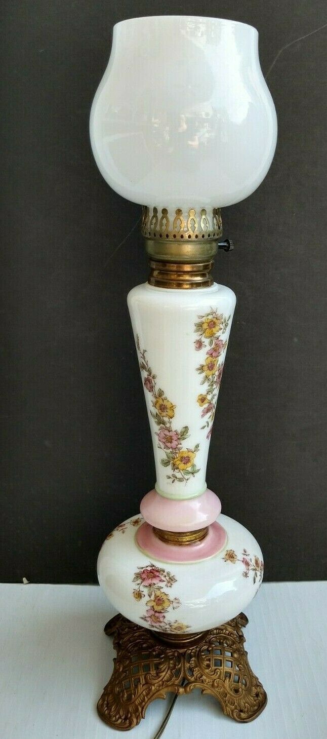 Primary image for Vintage 3 Tier Parlor Table Lamp Floral Design Milk Glass Shade Crest Co (?) 26"