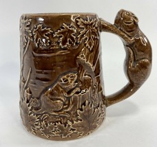 River Beaver Pottery Brown Glaze Hand Painted Mug Large 5-1/4&quot; Tall Leaves Tree - £44.10 GBP