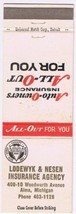 Matchbook Cover Lodewyk &amp; Nesen Insurance Agency Alma Micjhigan - £1.61 GBP