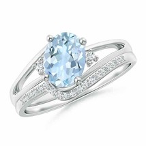 ANGARA Oval Aquamarine and Diamond Wedding Band Ring Set in 14K Solid Gold - £1,038.35 GBP