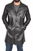 Mens 3/4 Long Black Leather Coat Crombie Style Jacket Overcoat Classic T... - $189.00