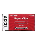 ACCO Paper Clips, Jumbo, Smooth, 100 Clips/Box, 1 Box (72580) - £2.21 GBP