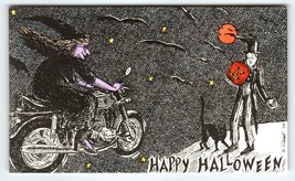 Halloween Postcard Witch On Motorcycle Moon Bats Black Cat Flying Rabbit... - $37.55