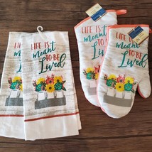 Kitchen Linen Set, 4pc, Towels Oven Mitts, Flowers, Life is Meant to be Lived
