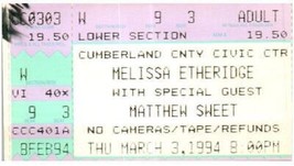 Vintage Melissa Etheridge Matthew Sweet Ticket Stub March 3 1994 Portlan... - £19.66 GBP