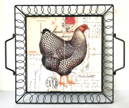 French Hen Country Ceramic Tile &amp; Black Metal Square Tray with Handles 14.75&quot; - £38.66 GBP