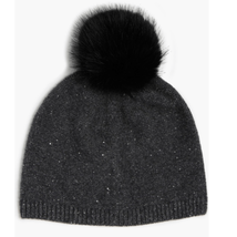 Sofia Cashmere Sequin 100% Cashmere Beanie with Faux Fur Pompom Gray/Black, NWT - £66.52 GBP