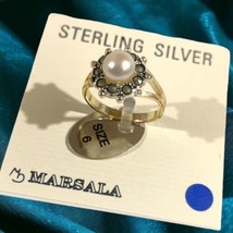 Vintage Marsala Sterling Silver Pearl MARCASITE Ring Size 6 - £29.19 GBP