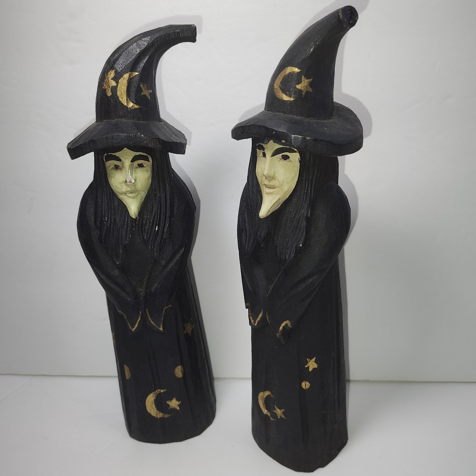 James Haddon Hand Carved Wood Witches Pair Signed Folk Art Halloween Decor 10” Item image 10