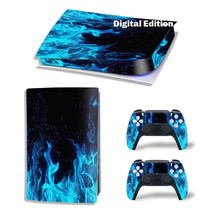 For PS5 Digital Edition Console &amp; 2 Controller Blue Flame Vinyl Wrap Skin Decal - £12.67 GBP