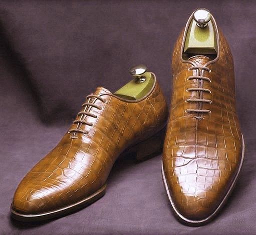 Men,s Handmade Leather Shoes, Formal Crocodile Texture Leather Men Brown Shoes 2