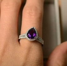 2.20Ct Pear Simulated Amethyst Diamond Bridal Ring 14K White Gold Plated - £69.66 GBP