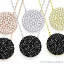 Circle Micro Pave Disc Cubic Zirconia Crystal Pendant Sterling Silver Necklace - £23.12 GBP