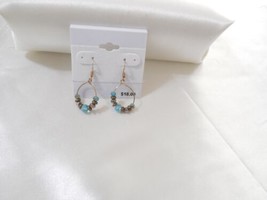 Department Store 1-1/2&quot; Gold Tone Light Blue Beaded Hoop Fish Hook Earrings D149 - $10.55