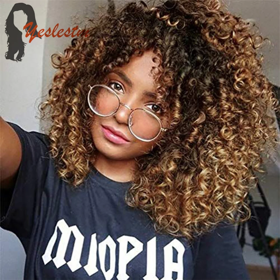 Ombre short bob jerry curly human hair wig with bangs honey brown full machine made wig thumb200