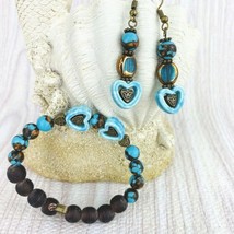 Blue Turquoise Siderolite Heart Brown Bead Bracelet Earrings Set Bronze Tone - £39.84 GBP