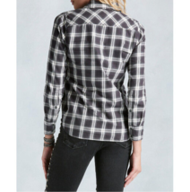 New Womens Designer True Religion XS Plaid Top Logo Black Gray White NWT Long LS - £102.66 GBP