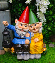 Ebros Large Mr and Mrs Gnome On Tree Log Solar LED Lantern Light Statue ... - $75.99
