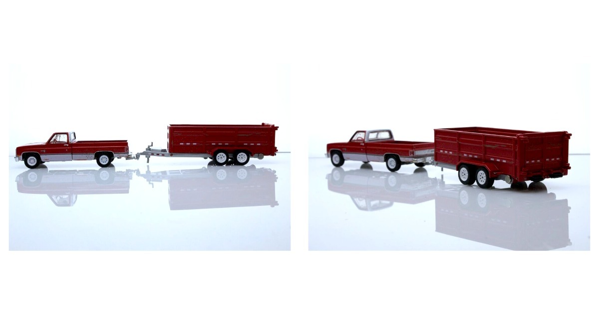 1 64 Scale 1983 Chevy K 20 Squarebody Truck Dump Trailer Diecast Model Rusty Red