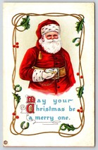 Postcard Red Robed Santa with Pocket Watch Tasseled Hat Merry Christmas ... - $12.95