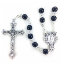 Round Black Glass Beads Rosary Crucifix Cross Miraculous Center - £32.47 GBP