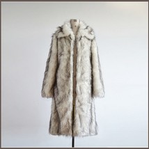Mens Luxury Long Sleeve Dark Tipped Ivory Hair Artic Fox Faux Fur Long Coat  image 2