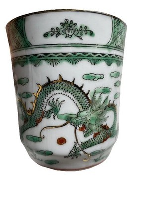 Chinese Hand Painted Tea Cups Set of 6 with 3 Lids Dragon Green Item image 4