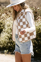 Khaki Checkered Sherpa Collared Jacket Vest - $23.20