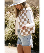 Khaki Checkered Sherpa Collared Jacket Vest - $432.15 MXN