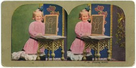 c1900&#39;s Vintage Antique Stereoview Card Little Girl Pink Dress &quot;Playing School&quot; - £7.57 GBP