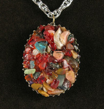 Germany Stone &amp; Red Glass Chips Oval Pendant Vintage Necklace Aluminum Chain 24&quot; - £14.69 GBP