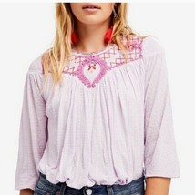 FREE PEOPLE floral embroidered boho blouse Small 3/4 sleeve pastel begon... - £7.83 GBP