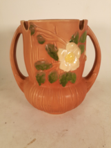 Vintage Roseville Pottery Double-handled White Rose Vase, 985-8 - $36.12