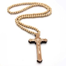 Men Large Wood Jesus Crucifix Cross Pedant Necklace Christian Jewelry Ball Chain - £15.61 GBP