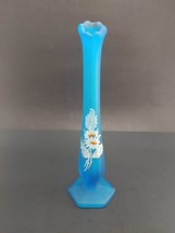 Vintage Westmoreland Blue Swung Satin Glass Bud Vase Hand Painted Daisies 10&quot; - £16.97 GBP