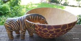 Hand Carved Wooden Bowl with Zebra 7&quot; Diameter Unusual - $33.66