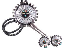 Large Vintage Zuni Sunface Channel inlay silver bolo tie - £270.11 GBP