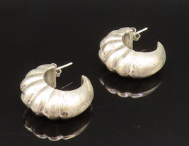 925 Sterling Silver - Vintage Hollow Half Ribbed Hoop Earrings - EG11912 - £51.27 GBP