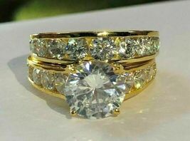 14K Yellow Gold Finish 3CT Round Diamond Lab Created Engagement Wedding Ring Set - £78.48 GBP