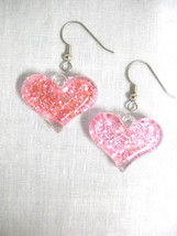 Pastel Pink Glitter Puff Heart On Wire Hooks Dazzling Pair Of Earrings - £6.38 GBP