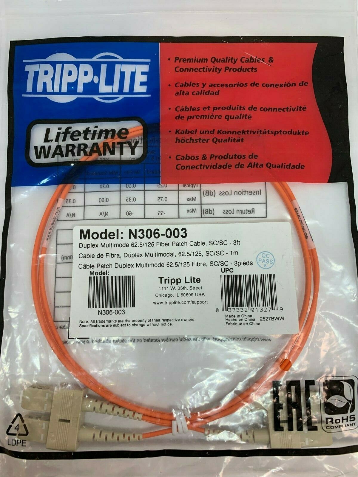 NEW TRIPP LITE N306-003 Duplex Multimode 62.5/125 Fiber Patch Cable SC/S... - $11.88