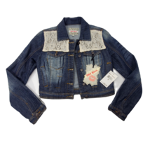 Hot Kiss Women&#39;s Dark Denim Distressed Lace Jeans Jacket Small $48 New/Tags - £3.96 GBP