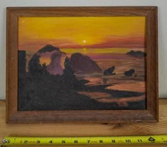 Folk Art Pittura Acrilico Su Tavola con Cornice Tramonto Presso Oceano Scena Hk - £86.02 GBP