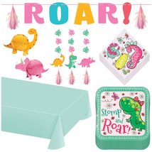 Pink Dinosaur Party Supplies - Girl Dino Square Paper Dinner Plates, Lunch Napki - £25.32 GBP