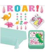 Pink Dinosaur Party Supplies - Girl Dino Square Paper Dinner Plates, Lunch Napki - £24.73 GBP