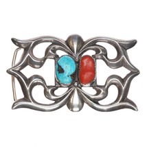 Vintage Navajo cast silver, turquoise, and coral belt buckle - $430.65